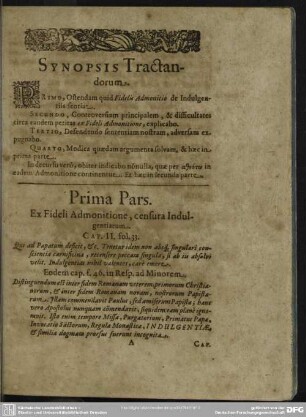 Prima Pars. Ex Fideli Admonitione, censura Indulgentiarum