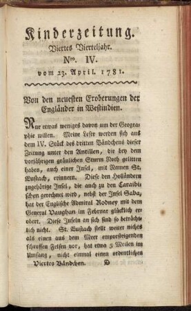Kinderzeitung. Viertes Vierteljahr. Nro. IV. vom 23. April. 1781.