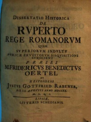 Dissertatio Historica De Ruperto Rege Romanorum