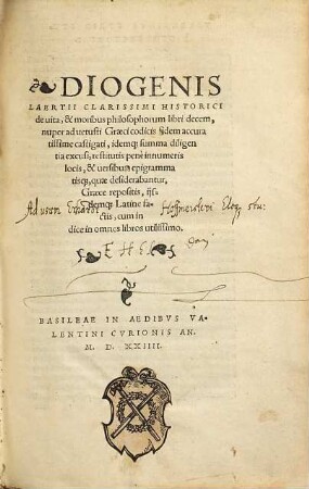 Diogenis Laertii ... de vita et moribus philosophorum libri decem