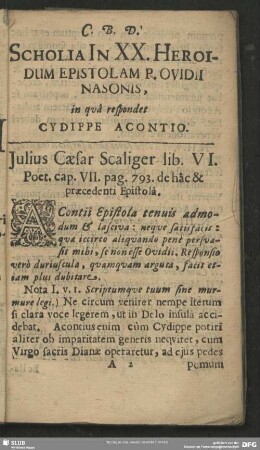 Scholia In XX. Heroidum Epistolam P. Ovidii Nasoni, in qua respondet Cydippe Acontio