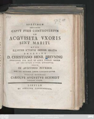 Specimen Continens Capvt Ivris Controversvm An Acqvisita Vxoris Sint Mariti