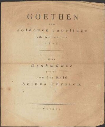 Goethen zum goldenen Jubeltage VII. November 1825