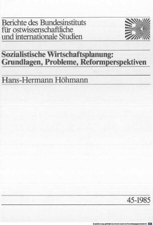 Sozialistische Wirtschaftsplanung : Grundlagen, Probleme, Reformperspektiven
