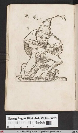 Rabelais, Les Songes Drolatiques de Pantagruel, CXVI [Froschartiges Fabelwesen mit einem Bienenstock als Kopfbedeckung]