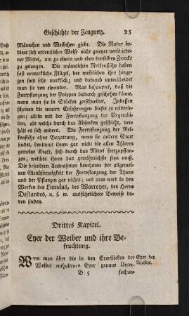 25-43, Drittes Kapitel. Eyer der Weiber und ihre Befruchtung.