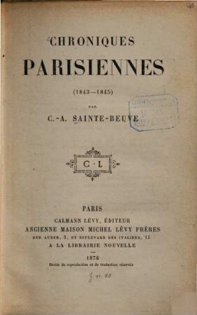 Chroniques parisiennes : 1843 - 1845