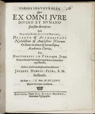 Theses Inaugurales, Quas Ex Omni Iure Divino Et Humano sparsim decerptas