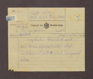 Telegramm aus Durlach an Prinz Max von Baden; Abreise von Constantin Fehrenbach nach Berlin
