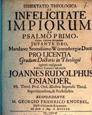 Diss. theol. de infelicitate impiorum ex Psalmo primo