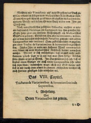 Das VIII. Capitel. Tractatus de Variationibus & Inventionibus inde sequentibus. I. Abtheilung. Von Denen Variationibus ins gemein.