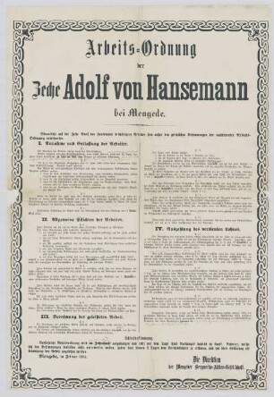 "Arbeits-Ordnung der Zeche Adolf von Hansemann bei Mengede"