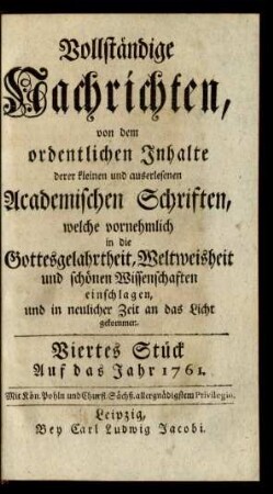 Viertes Stück. Auf das Jahr 1761