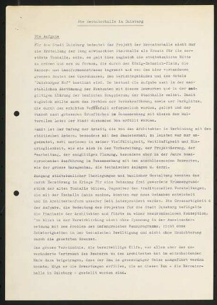 Stadthalle (auch: Mercatorhalle), Duisburg: Mehrseitiges Schriftstück zu Aufgabe und Bau der Mercatorhalle