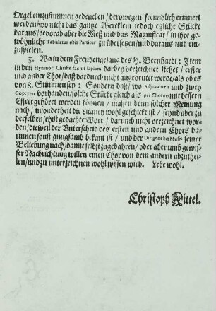 Heinrich Schütz: Zwölf geistliche Gesänge op. 13 : Heinrich Schütz: Zwölf geistliche Gesänge op. 13. Schluß der Vorrede von Christoph Kittel. Dresden: W. Seyffert, 1657. Buchdruck; 26,4 x 19,3 cm. Dresden: SLUB Mus.Pi.7,7