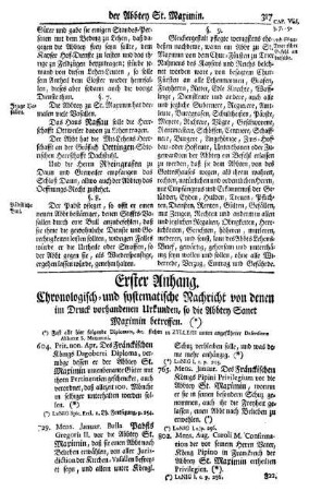 Erster Anhang. Chronologisch- und systematische Nachricht von denen im Druck vorhandenen Urkunden, so die Abbtey Sanct Maximin betreffen.