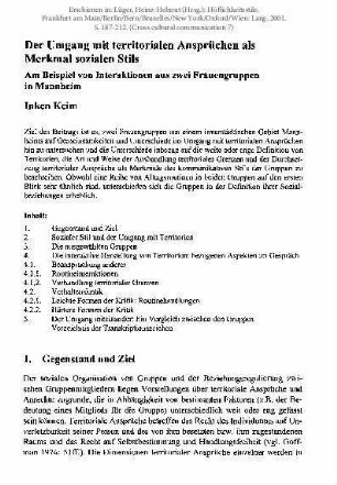 Der Umgang mit territorialen Ansprüchen als Merkmal sozialen Stils. Am Beispiel von Interaktionen aus zwei Frauengruppen in Mannheim