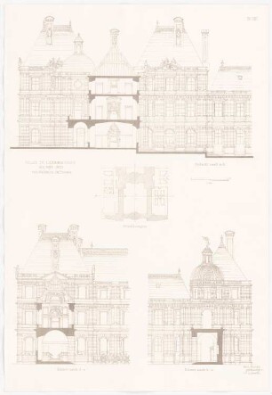 Palais du Luxembourg: Ansichten, Grundriss (aus: Baukunst d. Renaissance in Frankreich, hrsg. v. Zeichenaussch. d. Stud. d. TH Berlin, 1875)