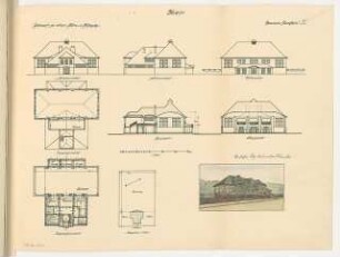 Turn- und Festhalle in einer Kleinstadt Monatskonkurrenz März 1919: Lageplan 1:1000; Grundriss Erdgeschoss, Emporengeschoss, Aufriss Straßenansicht, Seitenansicht, Turnplatzansicht, Längsschnitt, Querschnitt 1:200; perspektivische Ansicht; Maßstabsleiste