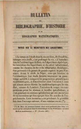 Bulletin de bibliographie d'histoire et de biographie mathématique. 1. 1855