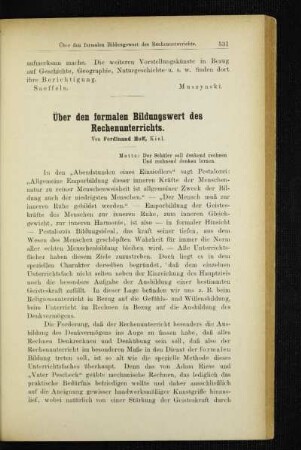 Über den formalen Bildungswert des Rechenunterrichts