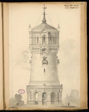 Wasserturm, Colmar Monatskonkurrenz März 1883: Aufriss Ansicht mit Eingang 1:100