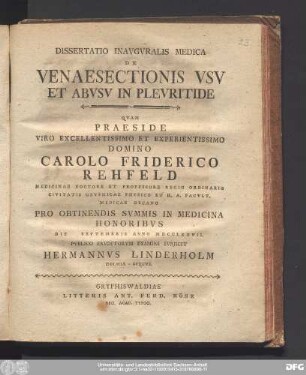 Dissertatio Inavgvralis Medica De Venaesectionis Vsv Et Abvsv In Plevritide