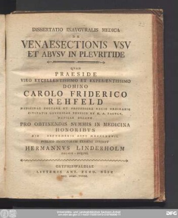 Dissertatio Inavgvralis Medica De Venaesectionis Vsv Et Abvsv In Plevritide