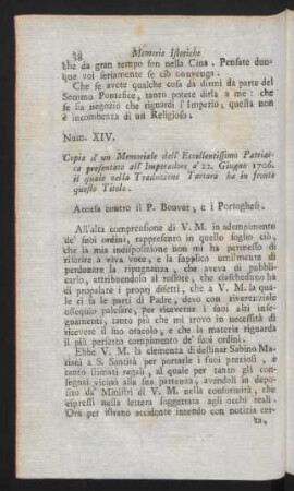 Num XIV. Copia d' un Memoriale dell' Eccellentissimo Patriarca presentato all' Imperadore à 22. Giugno 1706. ...