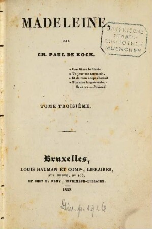 Madeleine, 3. (1832). - 2 Bl., 171 S., 1 Bl.