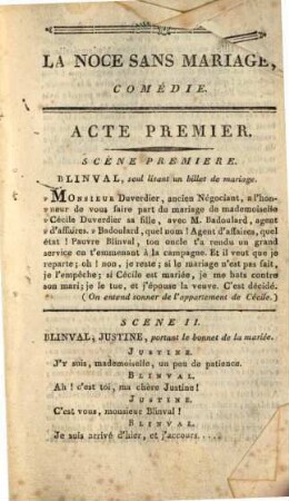 La Noce sans Mariage : comédie en 5 actes et en prose