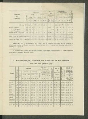 V. Eheschliessungen, Geburten und Sterbefälle in den einzelnen Monaten des Jahres 1905.