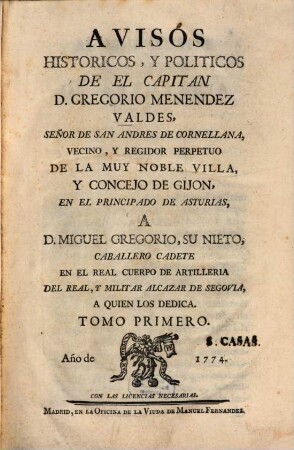 Avisos historicos y politicos, 1 (1774)