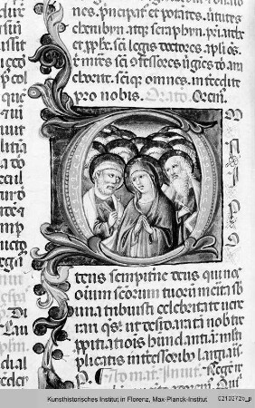 Breviarium Fratrum Minorum cum psalterio et kalendario : Textseite mit historisierter Initiale O: Maria und die Apostel