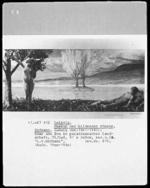 Adam und Eva in paradiesischer Landschaft