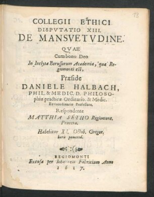 Collegii Ethici Disputatio XIII. De Mansuetudine