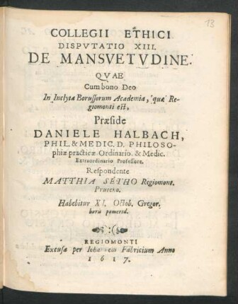 Collegii Ethici Disputatio XIII. De Mansuetudine