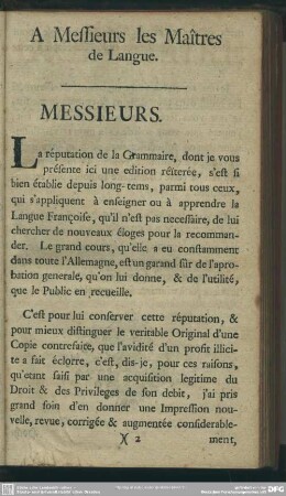 A Messieurs les Maîtres de Langue