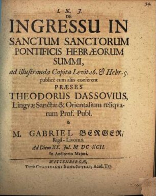 De ingressu in sanctum sanctorum pontificis Hebraeorum summi