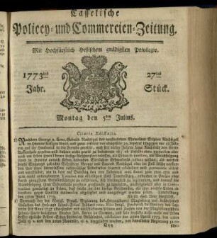 27tes Stueck, Montag den 5ten Julius 1773