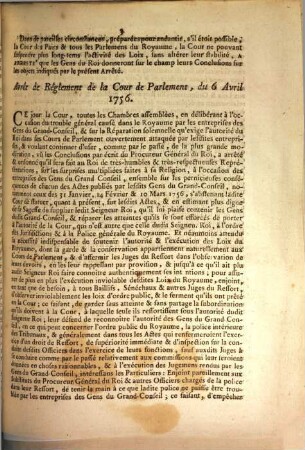 Arrêtés & Arrêt de la Cour de Parlement : Du Mardi 6 Avril 1756.