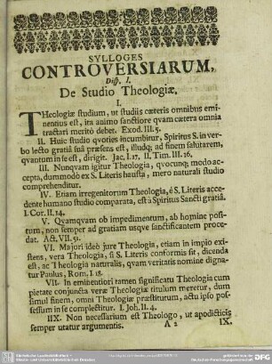 Disp. I. De studio Theologiae