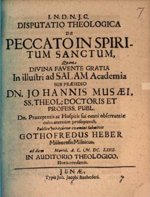 Disputatio Theologica De Peccato In Spiritum Sanctum