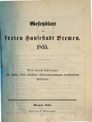 Gesetzblatt der Freien Hansestadt Bremen, 1855. - 1856