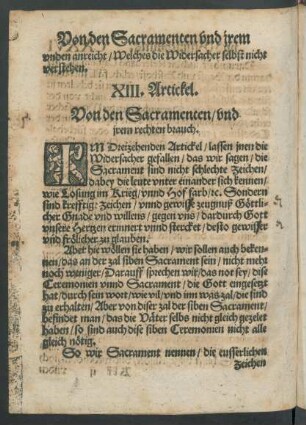 XIII. Artickel. Von den Sacramenten/ und irem rechten brauch.