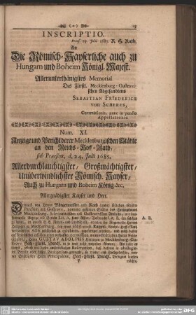 Num XI. Anzeige und Bericht derer Mecklenburgischen Städte an den Reichs- Hoff- Rath, sub Praesent. d. 24. Julii 1685.
