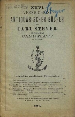 Verzeichniss antiquarischer Bücher von Carl Steyer, Antiquariat, Cannstatt bei Stuttgart. 26. 1886