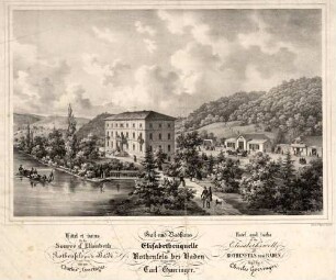 Gast- und Badhaus zur Elisabethenquelle in Rothenfels bei Baden (Grosherzogtum) von Carl Goeringer - Hotel et bains de la source d'Elisabeth à Rothenfels prés de Bade (Grand Duché) tenu par Charles Goeringer - Hotel and baths of the Elisabeth'swell at Rothenfels near Baden, kept by Charles Goeringer