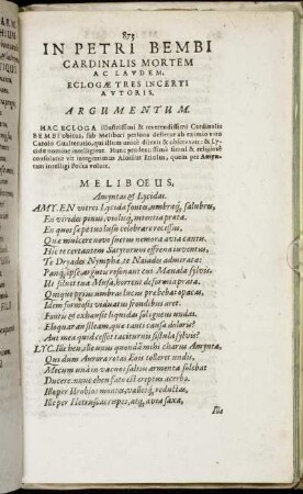 In Petri Bembi Cardinalis Mortem Ac Laudem, Eclogæ Tres Incerti Autoris.