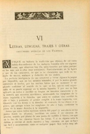 VI. Letras, lenguas, trajes y otras costumbres antiguas de los Filipinos